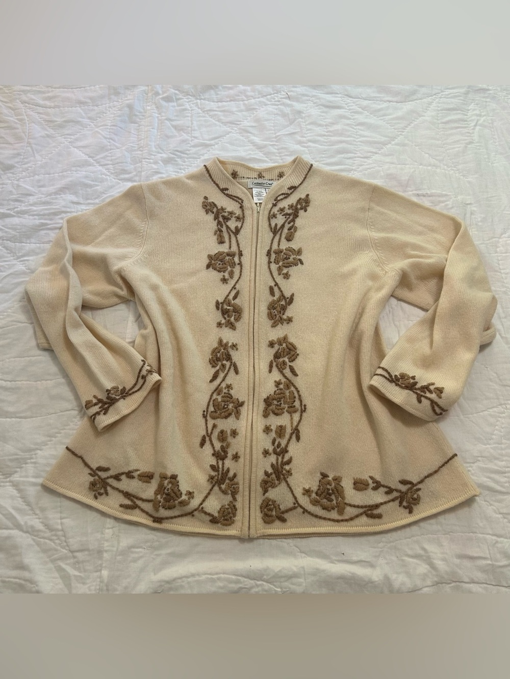 VTG Coldwater Creek wool sweater cardigan zip up embroidered size 2X cream